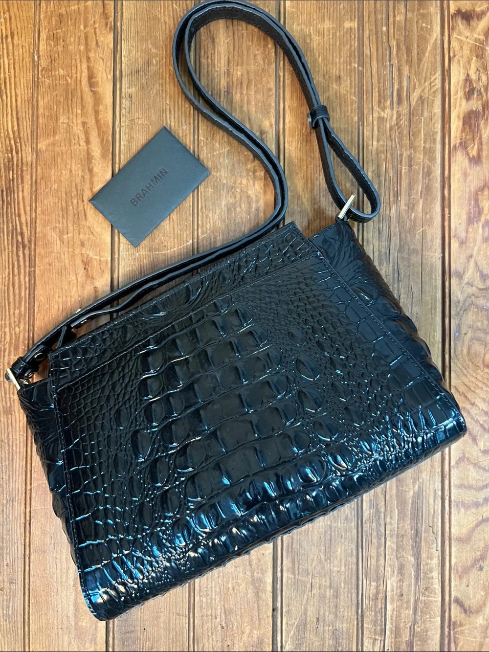 Brahmin Hillary Black Croc-Embossed Patent Leather Crossbody